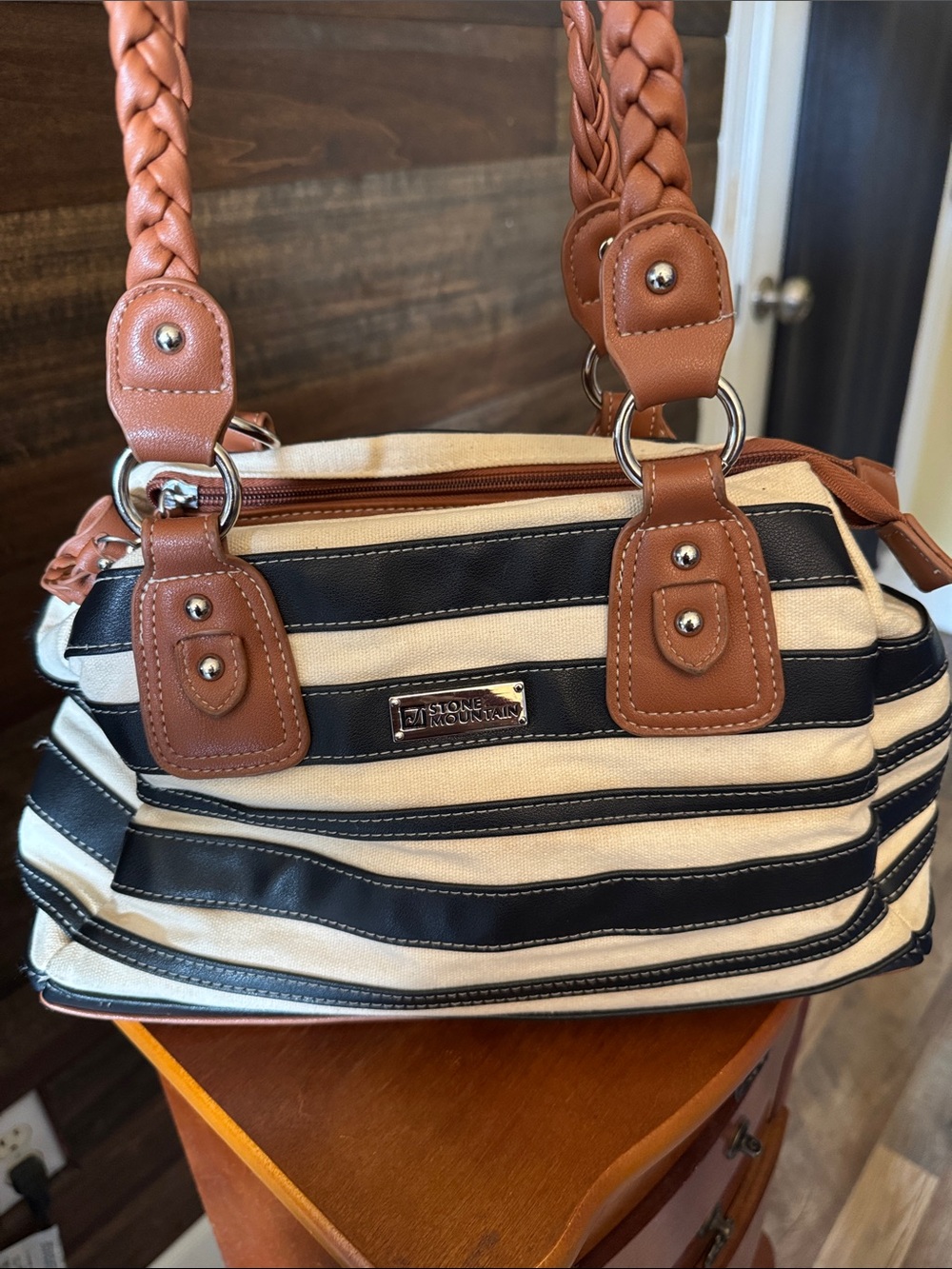 Stone Mountain Black and Cream Striped Shoulder Bag with Tan Braided Handles